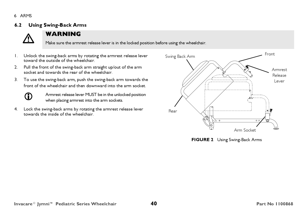 Invacare 9000 STANDARD WEIGHT user manual Using Swing-Back Arms, Armrest Release Lever Rear Arm Socket 