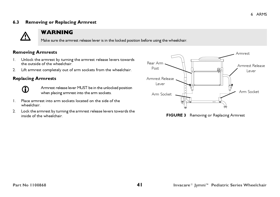 Invacare 9000 STANDARD WEIGHT user manual Removing or Replacing Armrest, Removing Armrests, Replacing Armrests, Post 