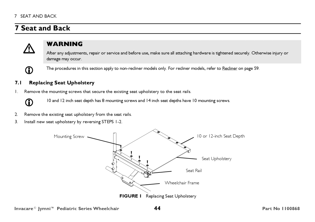 Invacare 9000 STANDARD WEIGHT user manual Seat and Back, Replacing Seat Upholstery 