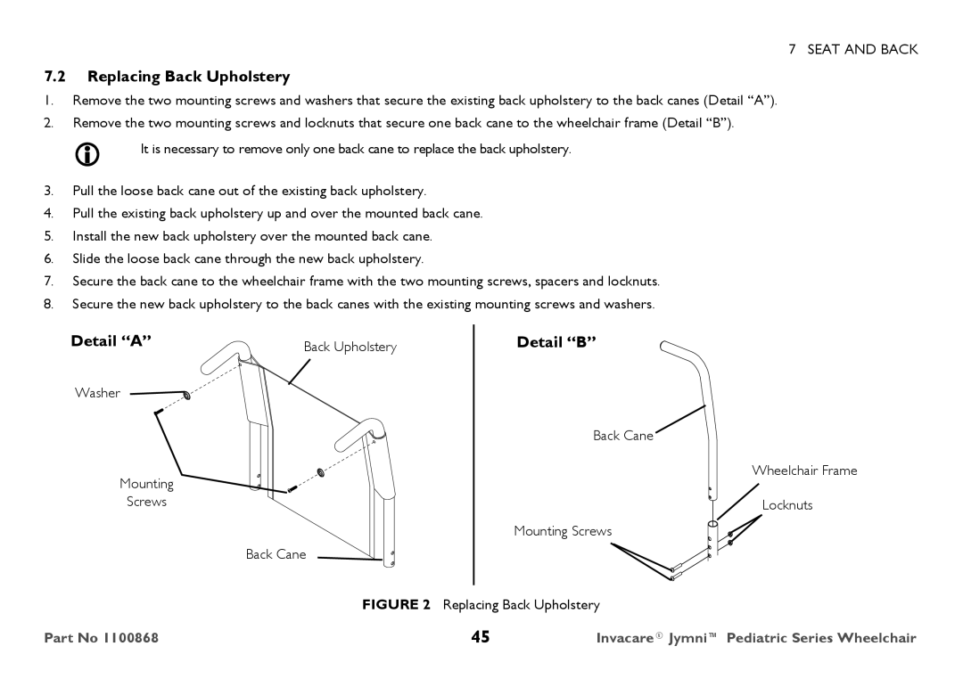 Invacare 9000 STANDARD WEIGHT user manual Replacing Back Upholstery, Washer Mounting Screws Back Upholstery Back Cane 