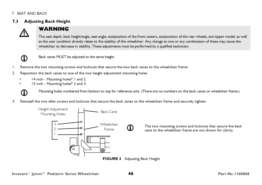 Invacare 9000 STANDARD WEIGHT user manual Adjusting Back Height, Cane to the wheelchair frame are not shown for clarity 