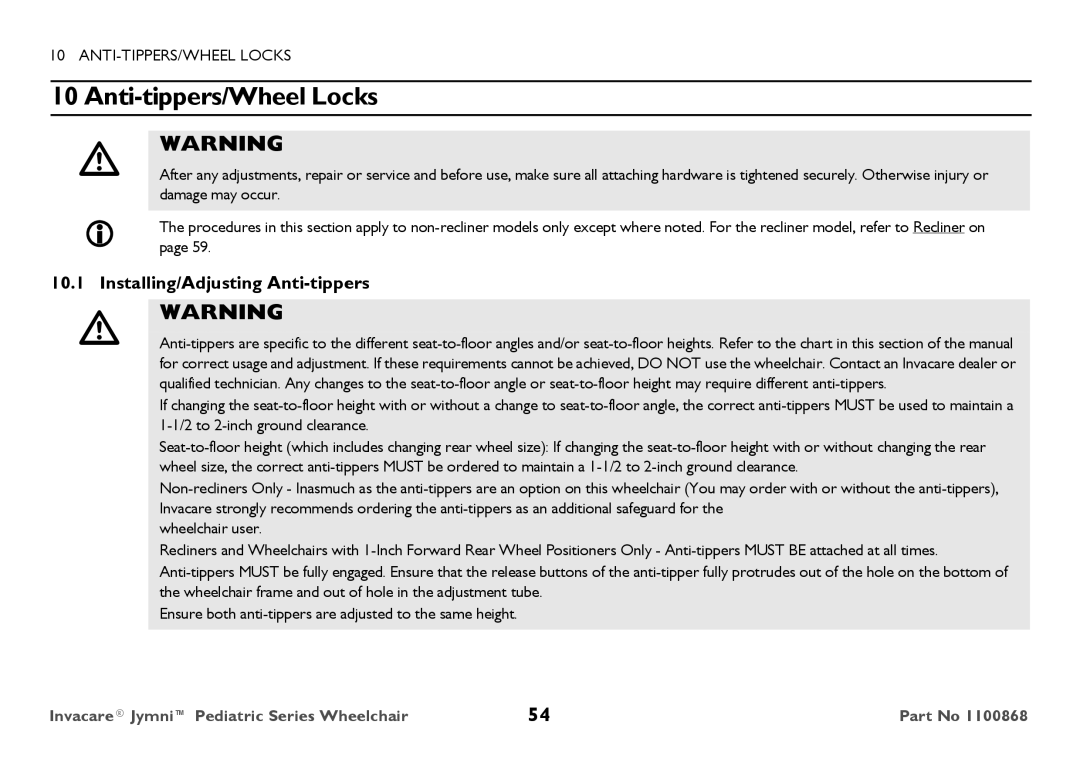 Invacare 9000 STANDARD WEIGHT user manual Anti-tippers/Wheel Locks, Installing/Adjusting Anti-tippers 