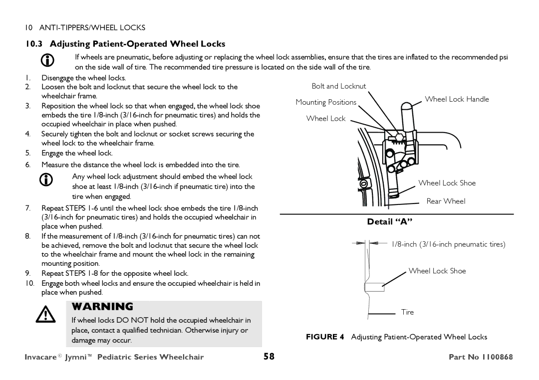 Invacare 9000 STANDARD WEIGHT user manual Adjusting Patient-Operated Wheel Locks, Wheel Lock Wheel Lock Shoe Rear Wheel 