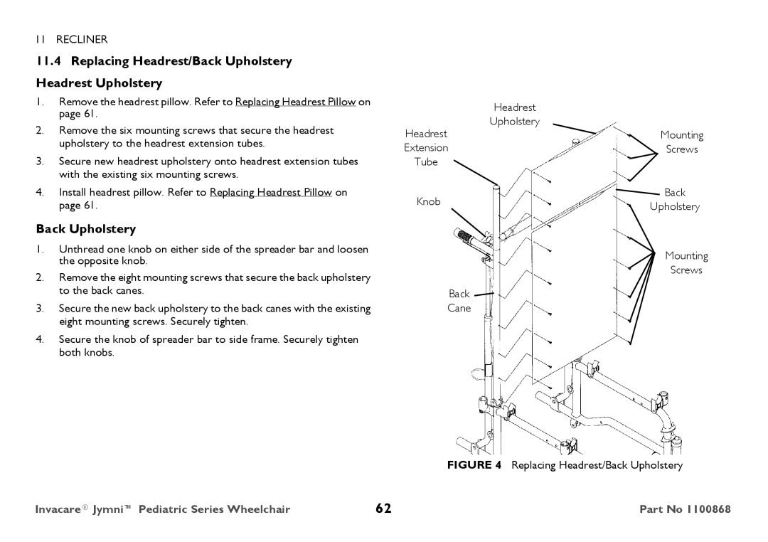 Invacare 9000 STANDARD WEIGHT user manual Replacing Headrest/Back Upholstery Headrest Upholstery, Knob Back Upholstery 