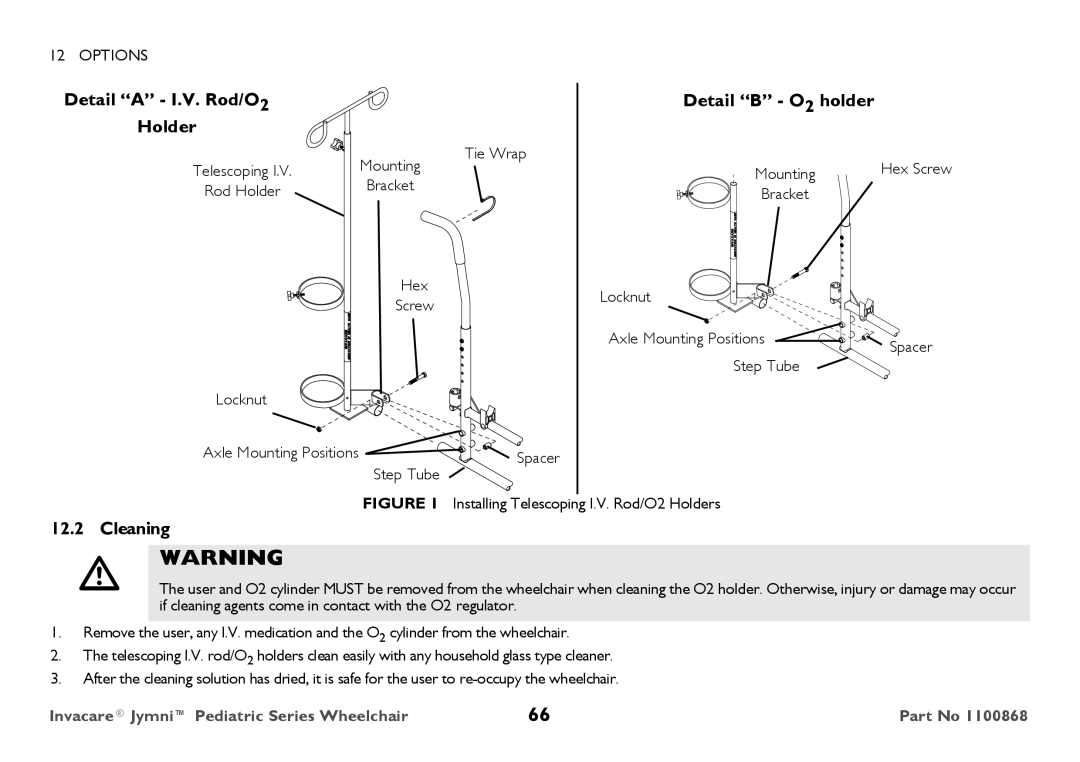 Invacare 9000 STANDARD WEIGHT Detail a I.V. Rod/O Detail B O 2 holder Holder, Cleaning, Tie Wrap, Step Tube Locknut 