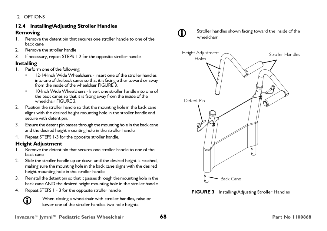 Invacare 9000 STANDARD WEIGHT Installing/Adjusting Stroller Handles Removing, Height Adjustment, Detent Pin Back Cane 