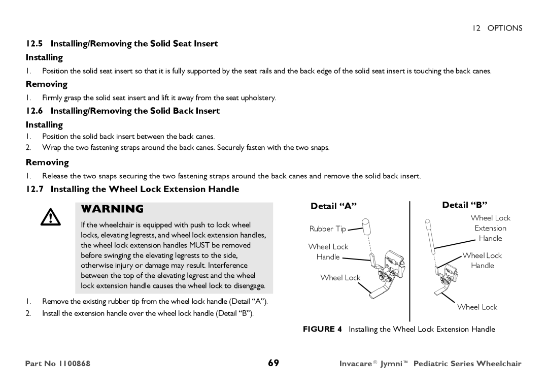 Invacare 9000 STANDARD WEIGHT user manual Installing/Removing the Solid Seat Insert Installing 