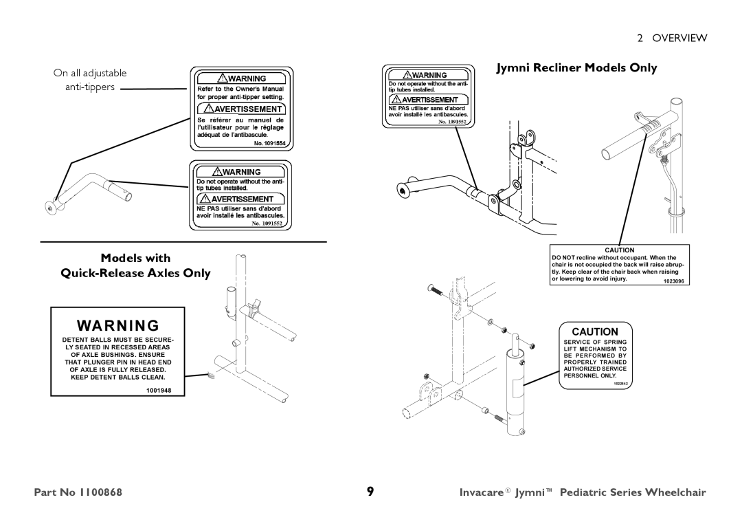 Invacare 9000 STANDARD WEIGHT user manual Models with Quick-Release Axles Only, Jymni Recliner Models Only 