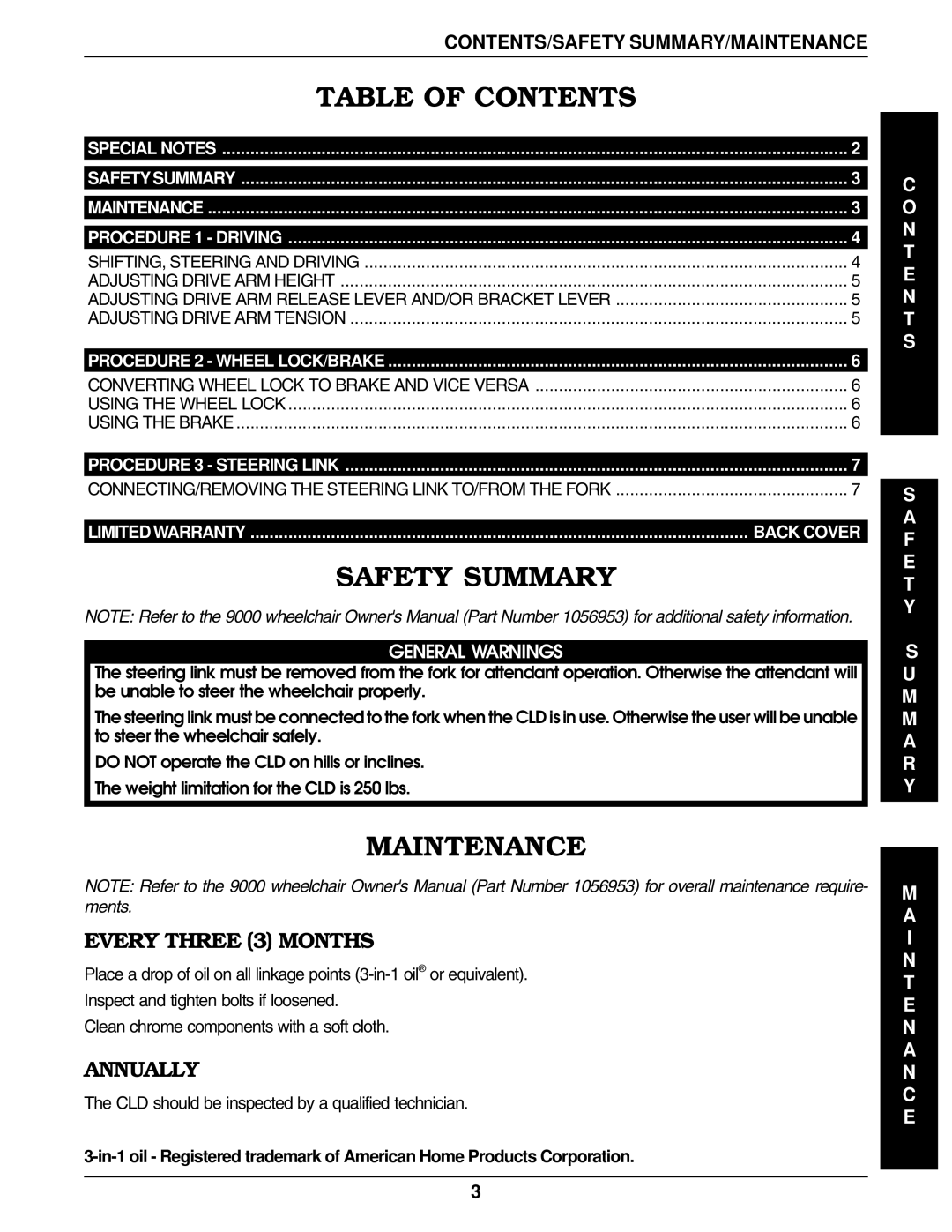 Invacare 9000 Wheelchairs manual Table of Contents, Safety Summary, Maintenance 