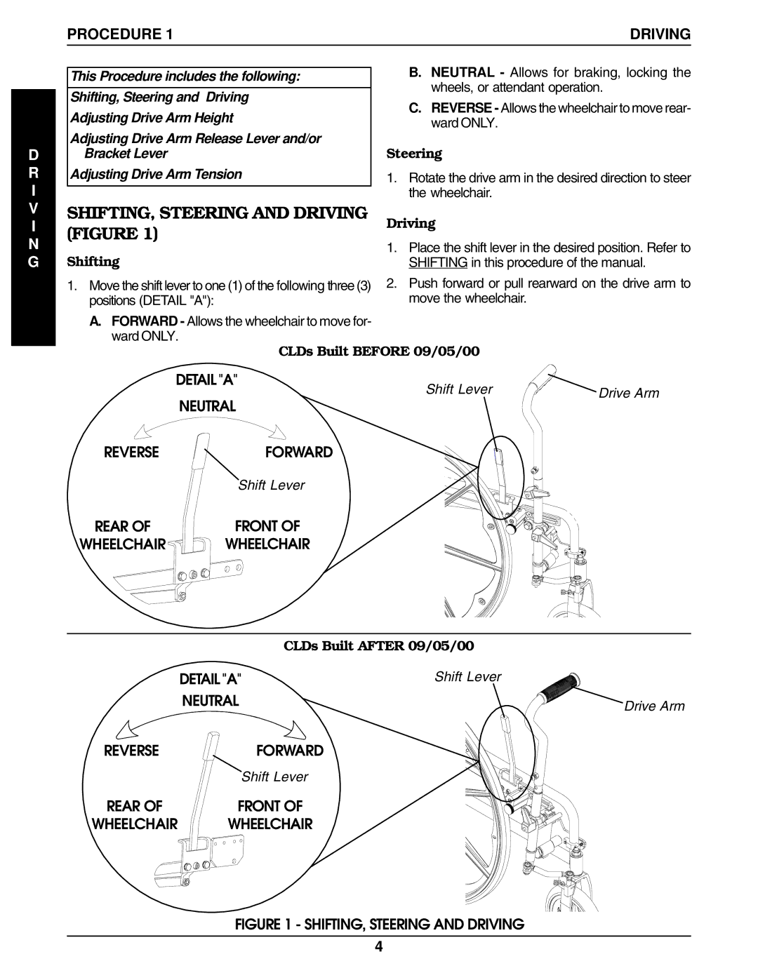 Invacare 9000 Wheelchairs manual SHIFTING, Steering and Driving Figure, Procedure, Detaila 