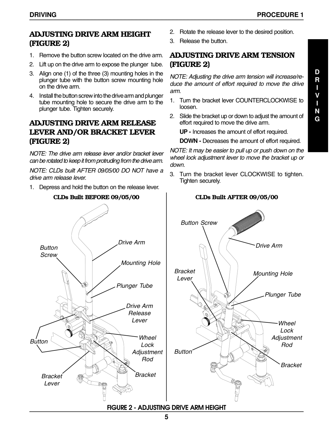 Invacare 9000 Wheelchairs manual Adjusting Drive ARM Height Figure, Adjusting Drive ARM Tension Figure, Driving, I V I N G 