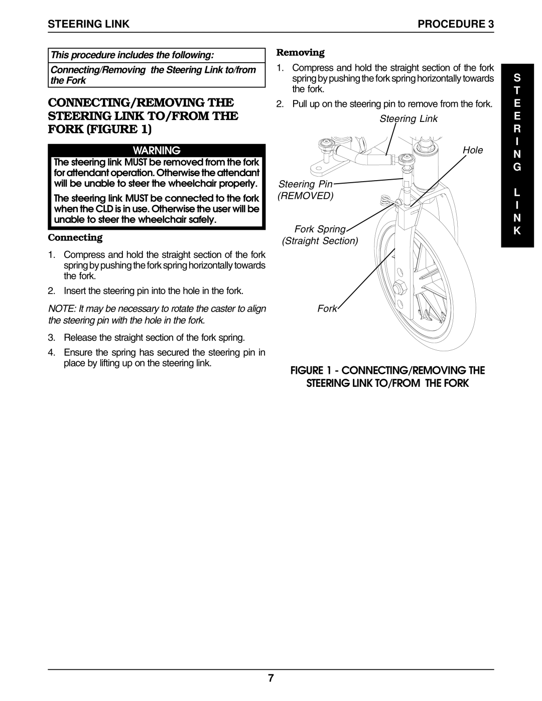 Invacare 9000 Wheelchairs manual Steering Link, E E R I N G, Connecting, Removing 