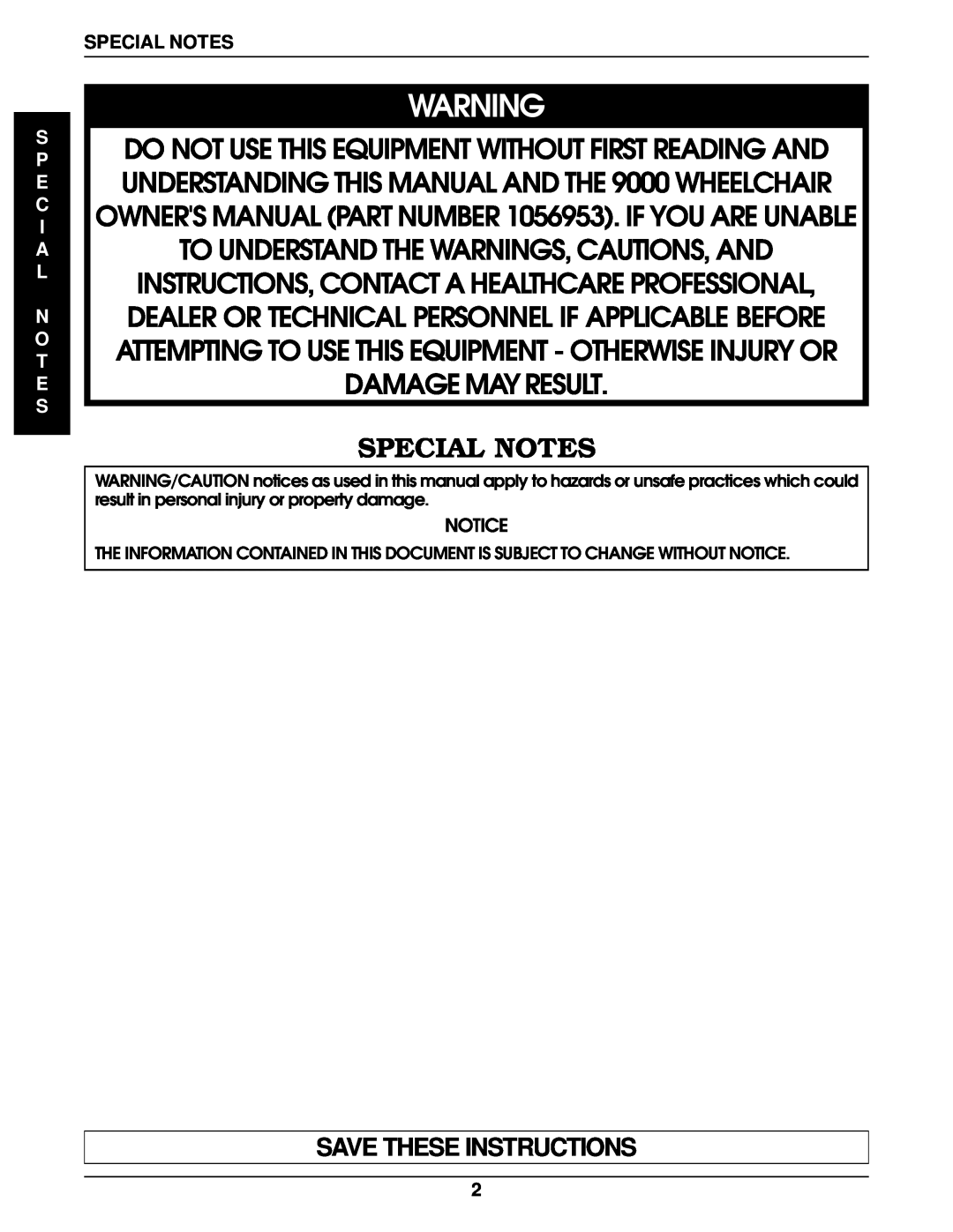 Invacare 9000 Wheelchairs manual Special Notes, Save These Instructions 