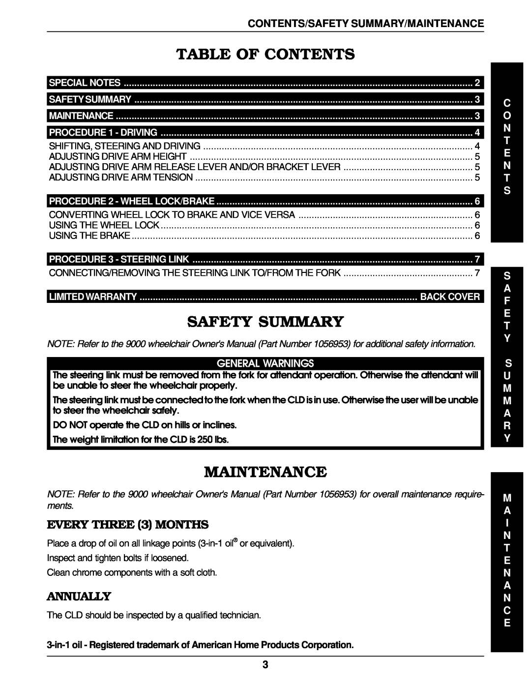 Invacare 9000 Wheelchairs Table Of Contents, Safety Summary, Maintenance, EVERY THREE 3 MONTHS, Annually, General Warnings 