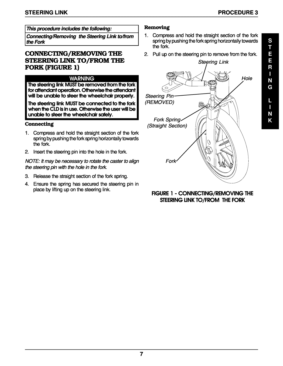 Invacare 9000 Wheelchairs manual Connecting/Removing The Steering Link To/From The Fork Figure, S T E E R I N G L I N K 
