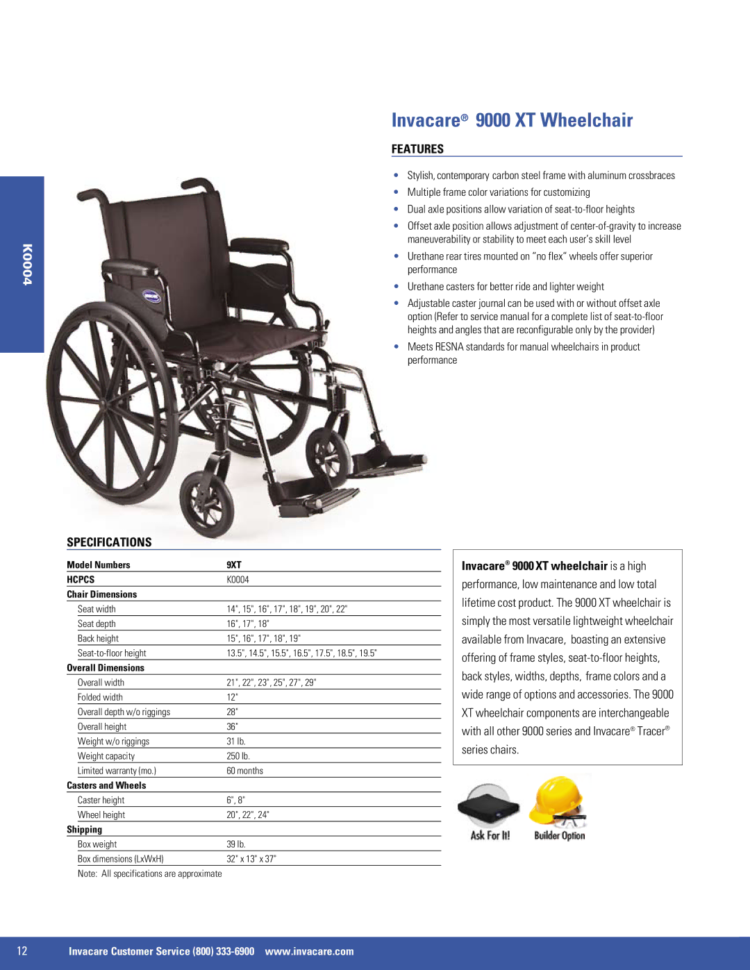 Invacare 9000 SL, SX5, EX2 manual Invacare 9000 XT Wheelchair, 9XT 