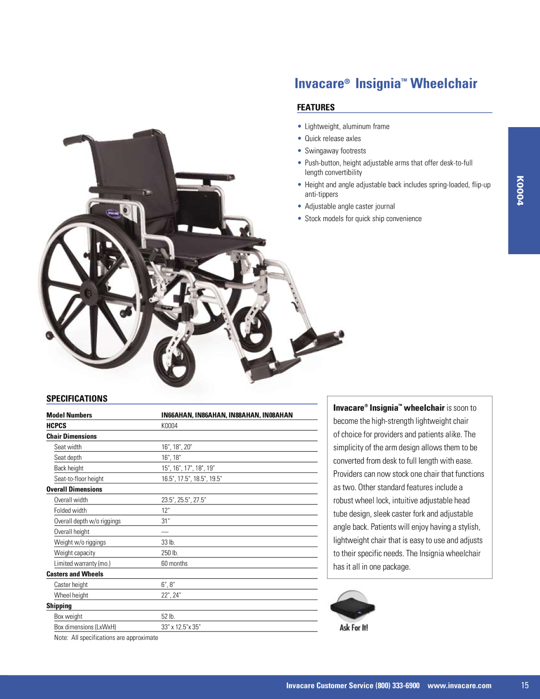 Invacare EX2, 9000 XT, 9000 SL, SX5 manual Invacare Insignia Wheelchair, IN66AHAN, IN86AHAN, IN88AHAN, IN08AHAN 