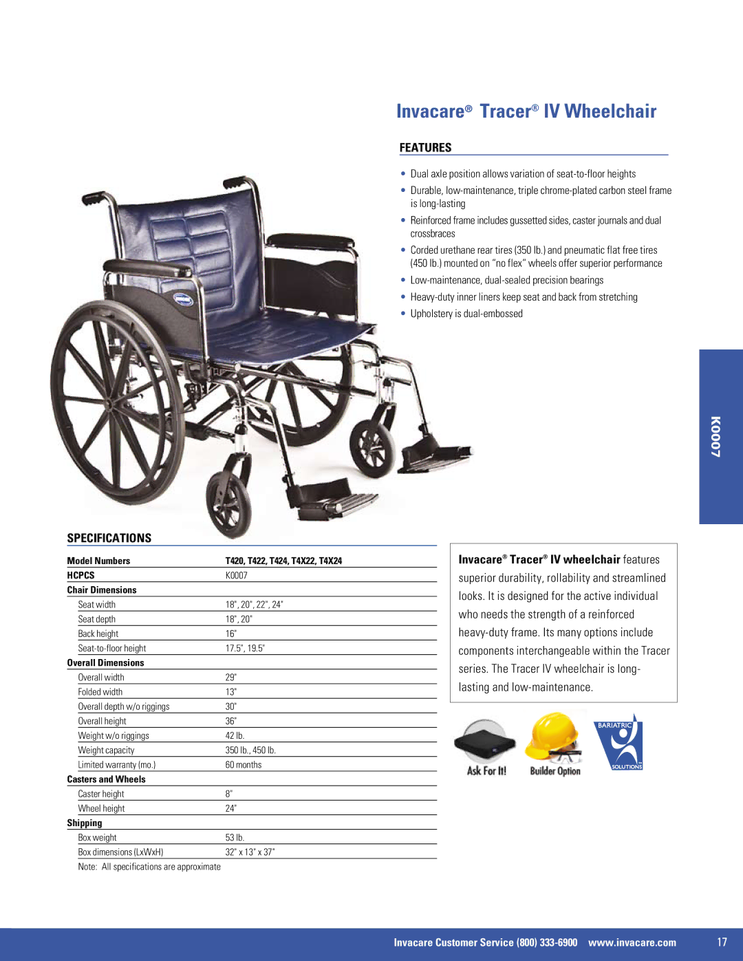 Invacare 9000 SL, 9000 XT, SX5, EX2 manual Invacare Tracer IV Wheelchair, Model Numbers T420, T422, T424, T4X22, T4X24 