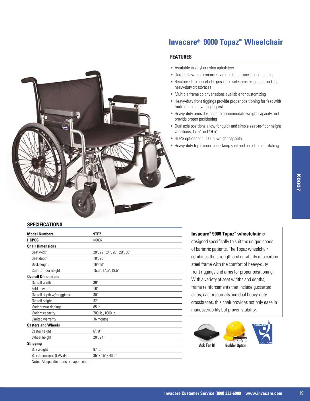 Invacare EX2, 9000 XT, 9000 SL, SX5 manual Invacare 9000 Topaz Wheelchair, 9TPZ 