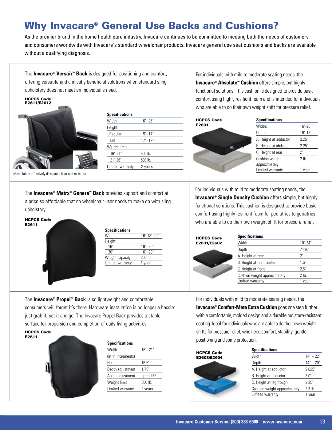 Invacare EX2, 9000 XT, 9000 SL, SX5 manual Specifications, Invacare Single Density Cushion offers simple, but highly 