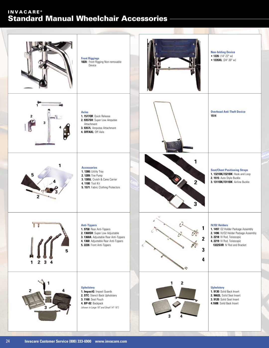 Invacare 9000 XT, 9000 SL, SX5, EX2 manual Standard Manual Wheelchair Accessories 