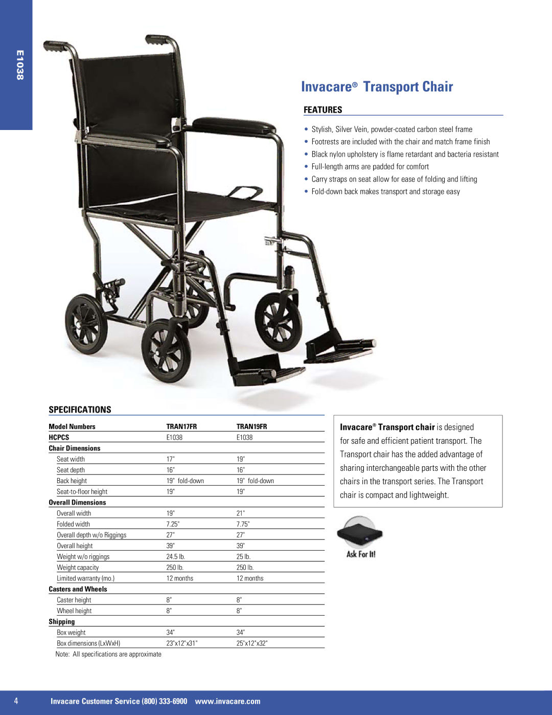 Invacare 9000 XT, 9000 SL, SX5, EX2 manual Invacare Transport Chair, Features, TRAN17FR TRAN19FR Hcpcs 