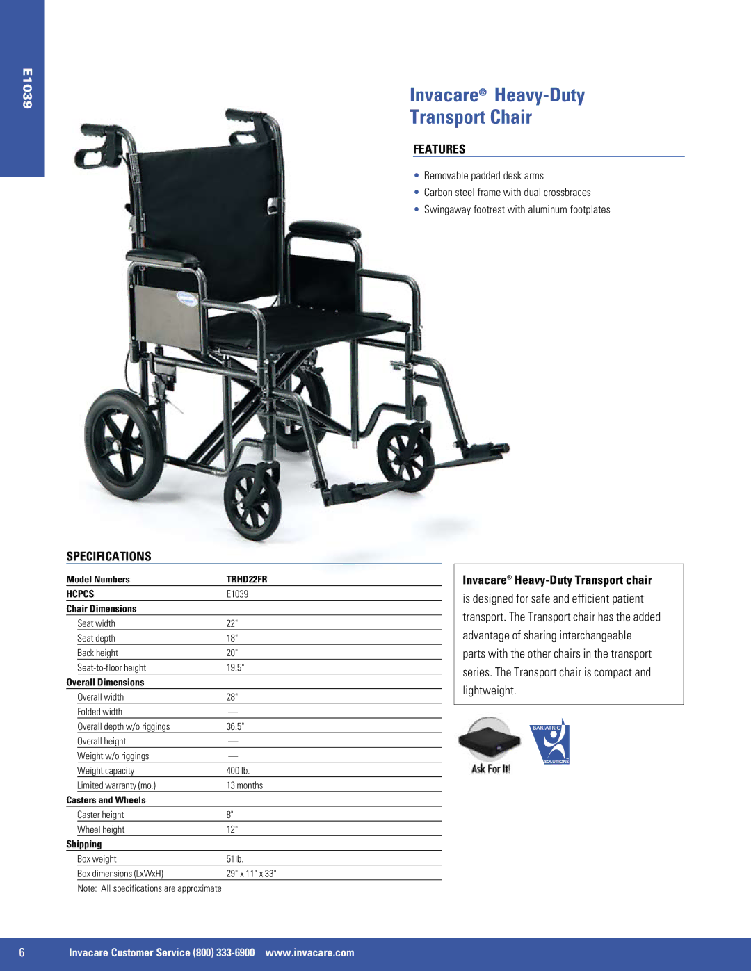 Invacare SX5, 9000 XT, 9000 SL, EX2 manual Invacare Heavy-Duty Transport Chair, Invacare Heavy-Duty Transport chair, TRHD22FR 