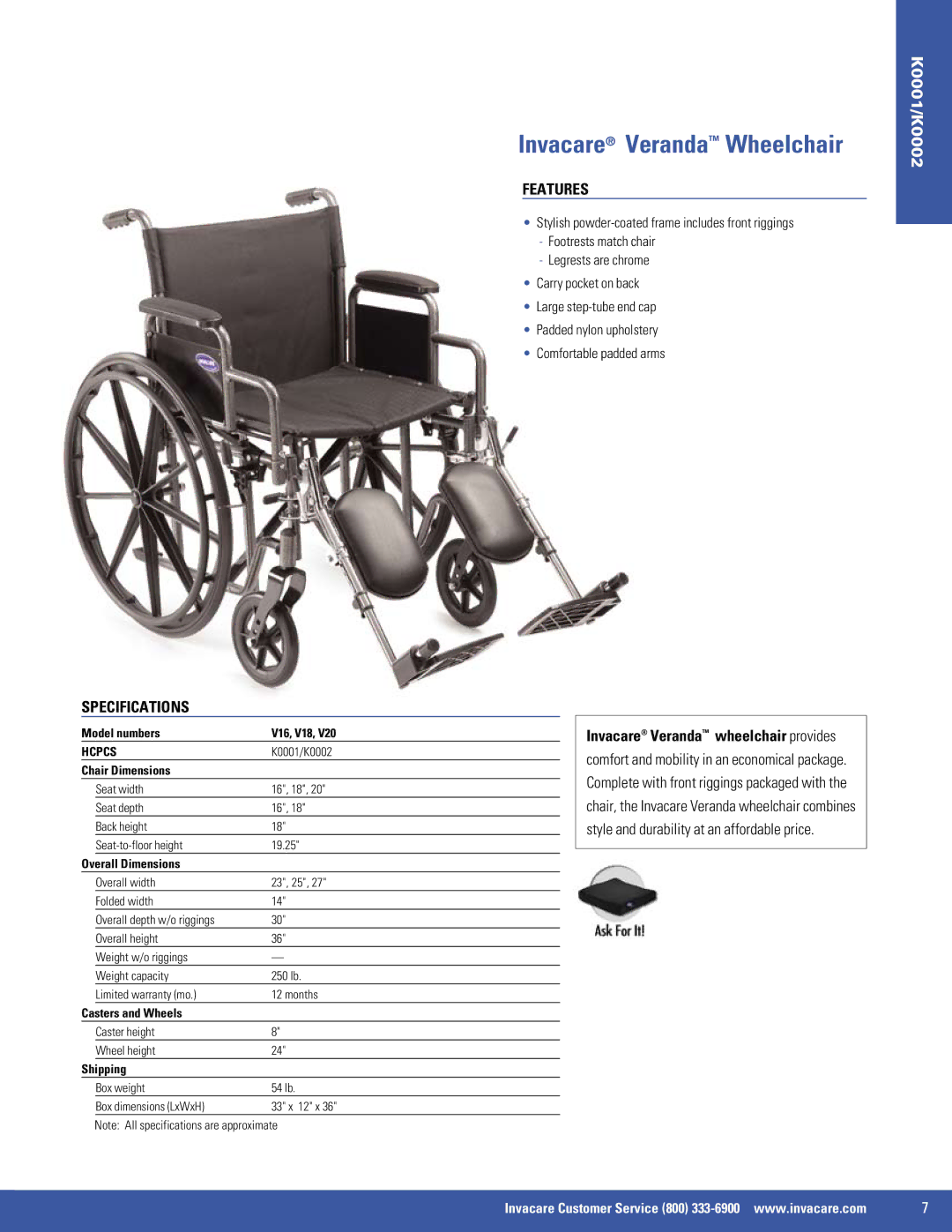 Invacare EX2, 9000 XT, 9000 SL, SX5 manual Invacare Veranda Wheelchair, Model numbers V16, V18 