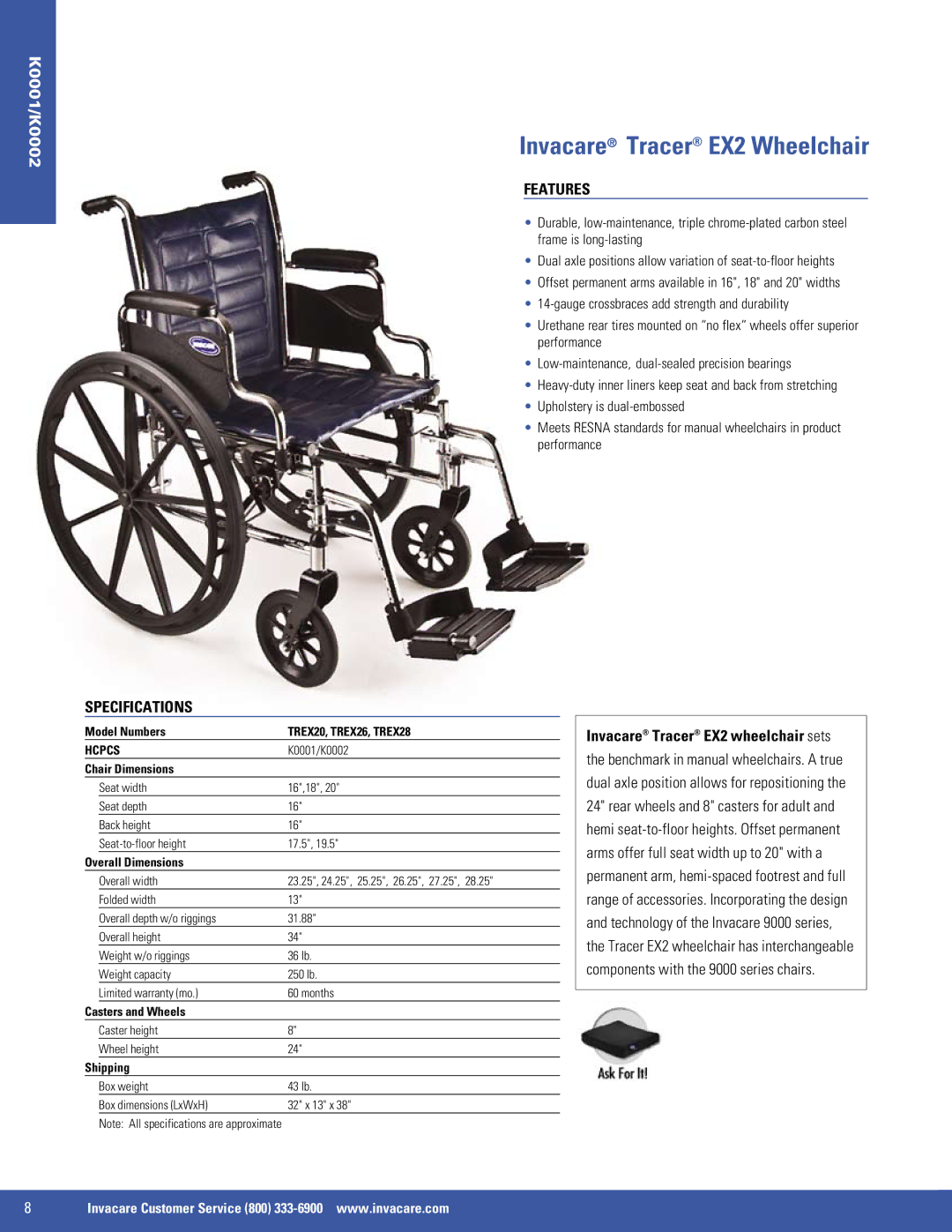 Invacare 9000 XT, 9000 SL, SX5 manual Invacare Tracer EX2 Wheelchair, TREX20, TREX26, TREX28 