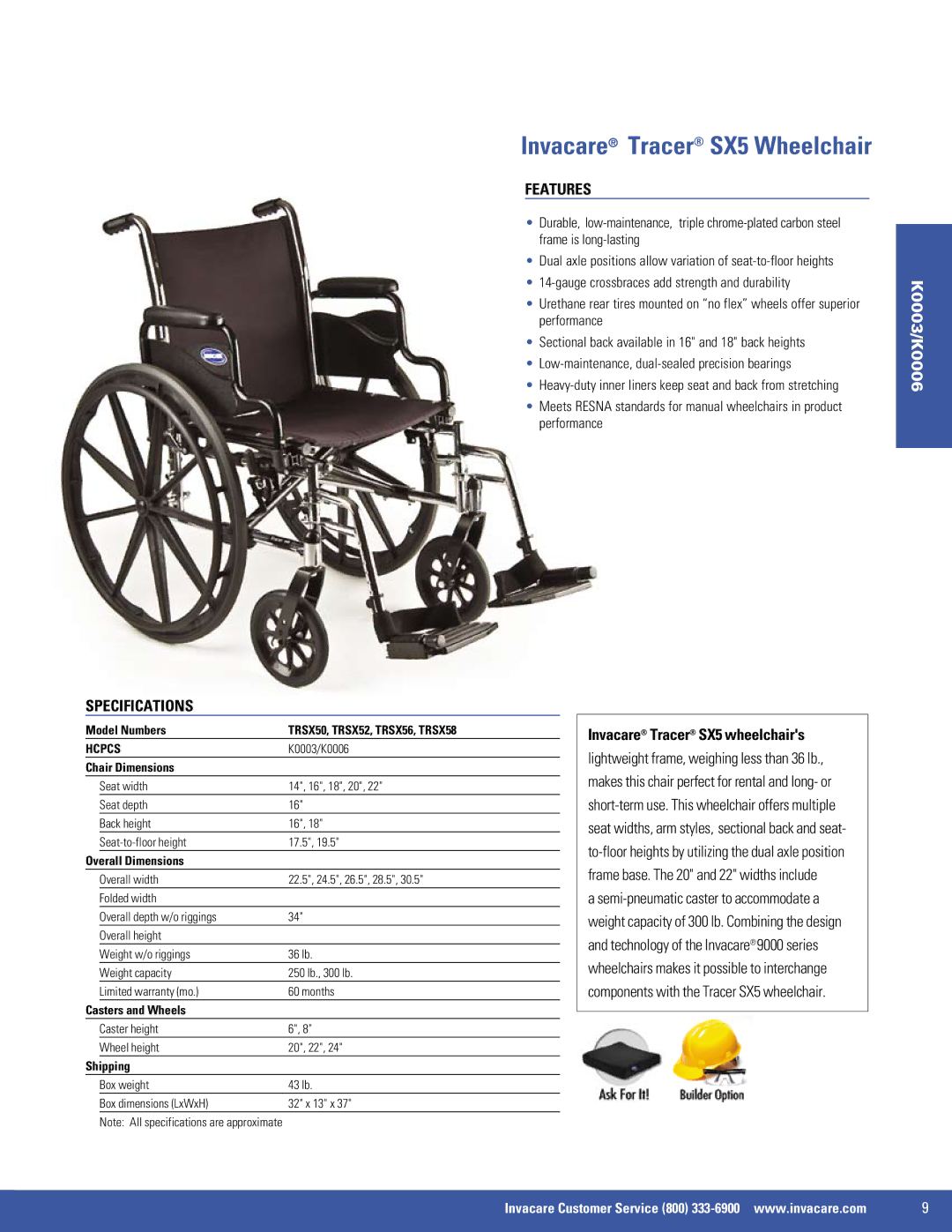 Invacare 9000 SL, 9000 XT Invacare Tracer SX5 Wheelchair, Invacare Tracer SX5 wheelchairs, TRSX50, TRSX52, TRSX56, TRSX58 