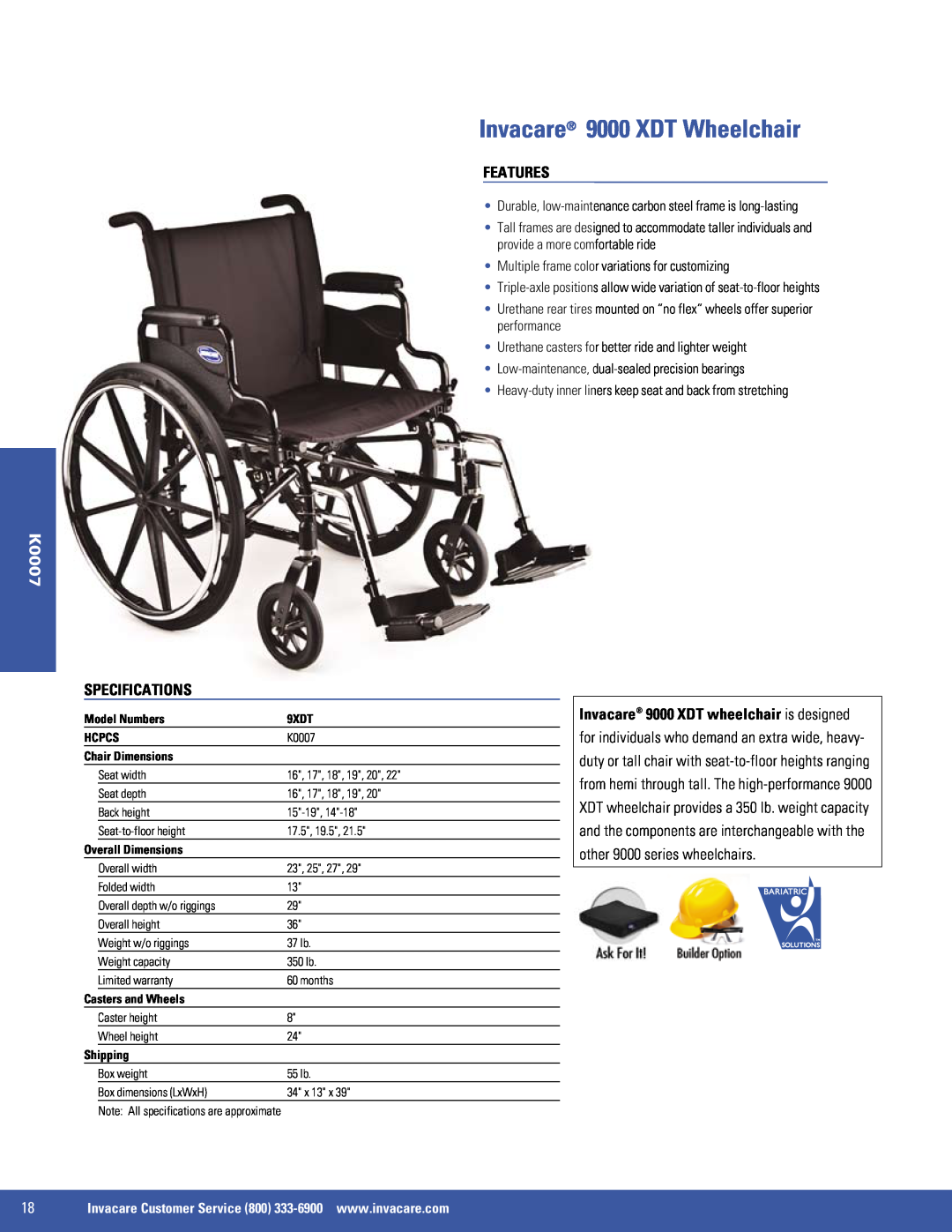 Invacare SX5, 9000 XT, 9000 SL, EX2 manual Invacare 9000 XDT Wheelchair, Features, K0007, Specifications 