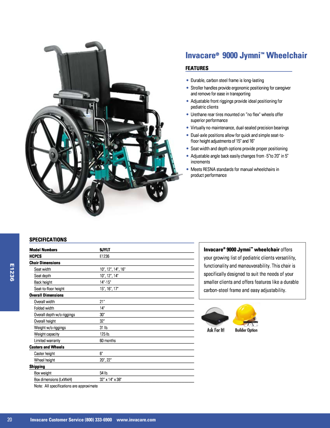Invacare 9000 XT, 9000 SL, SX5, EX2 manual Invacare 9000 Jymni Wheelchair, E1236, Specifications, Features 