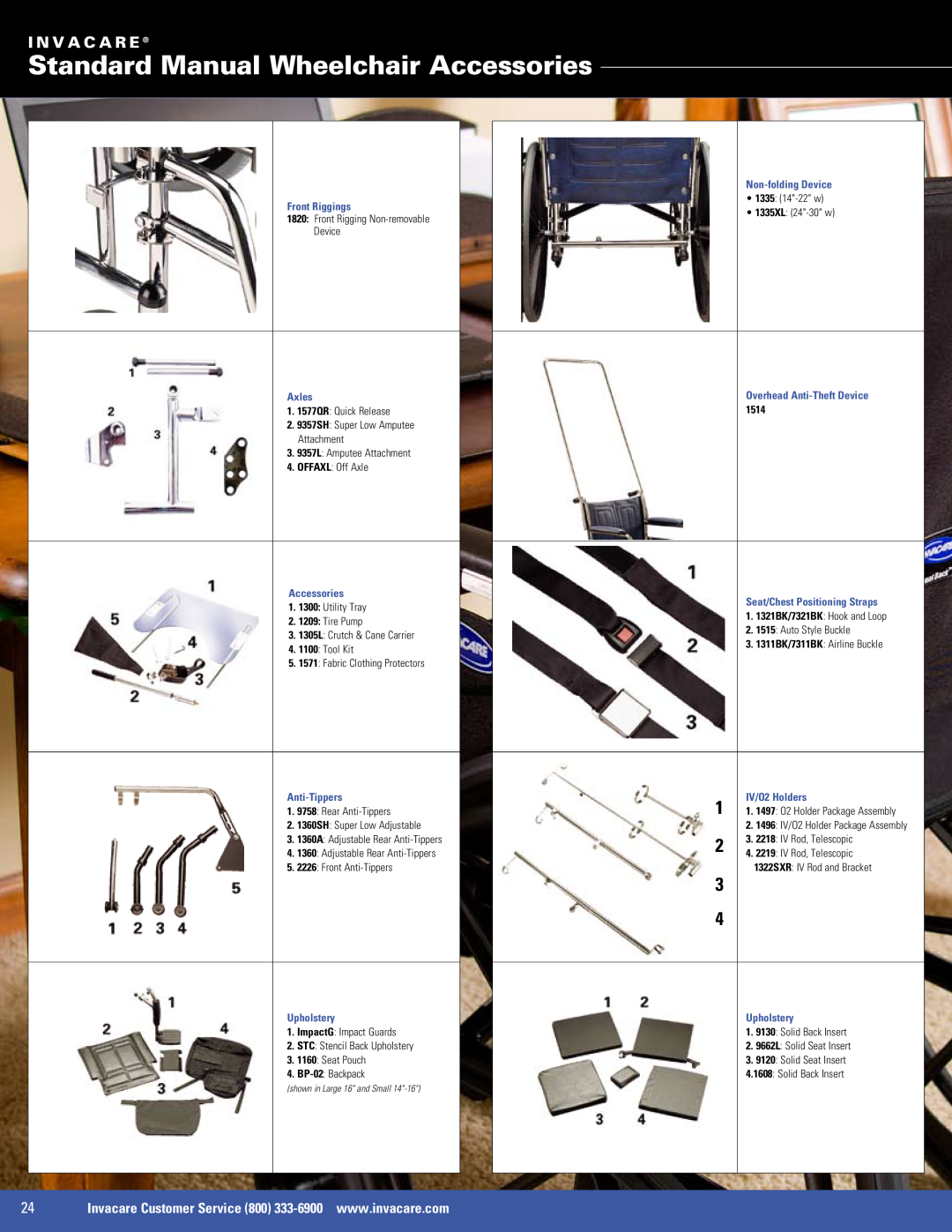 Invacare 9000 XT, 9000 SL, SX5, EX2 manual Standard Manual Wheelchair Accessories, I N V A C A R E 
