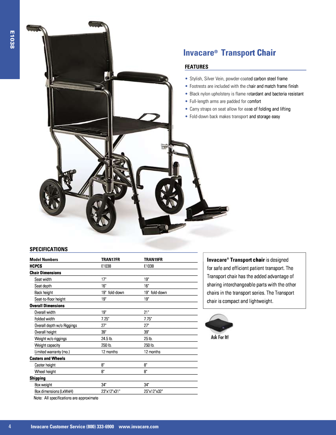 Invacare 9000 XT, SX5 Invacare Transport Chair, E1038, Features, Specifications, Full-length arms are padded for comfort 