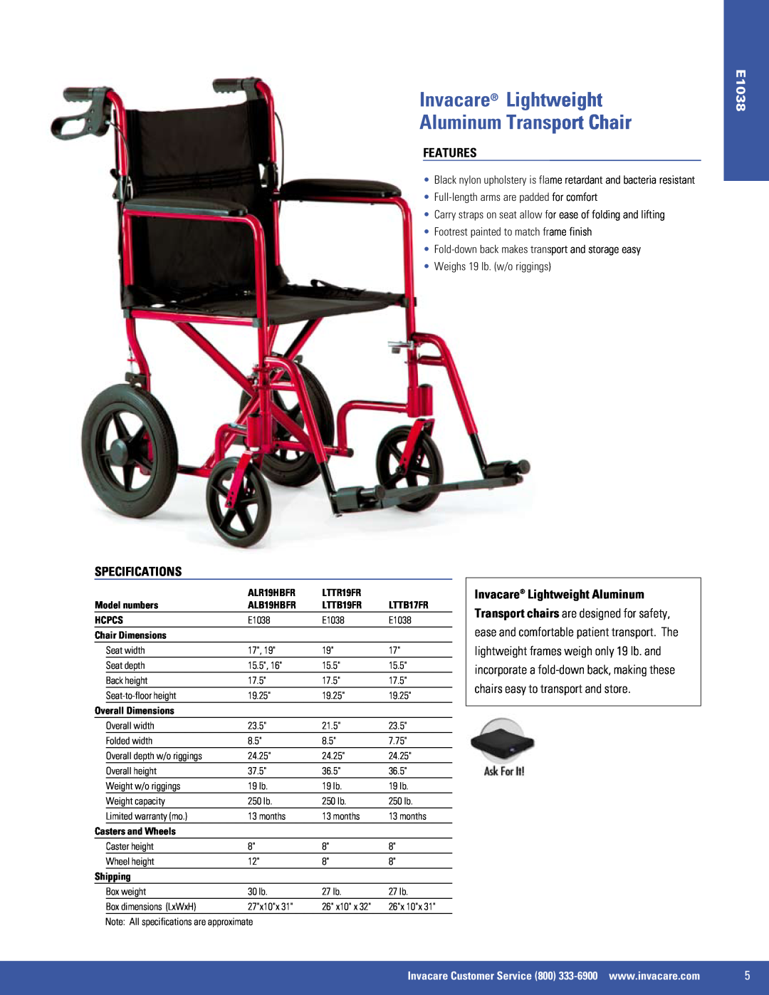 Invacare 9000 SL, 9000 XT, SX5, EX2 manual Invacare Lightweight Aluminum Transport Chair, Features, E1038, Specifications 