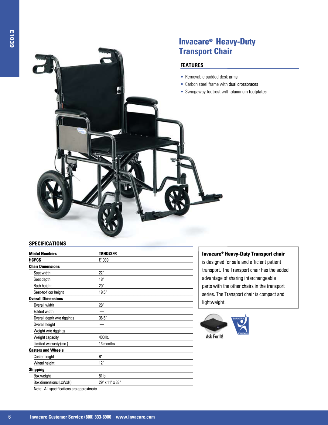 Invacare SX5 Invacare Heavy-Duty Transport Chair, E1039, Specifications, Features, Invacare Heavy-Duty Transport chair 