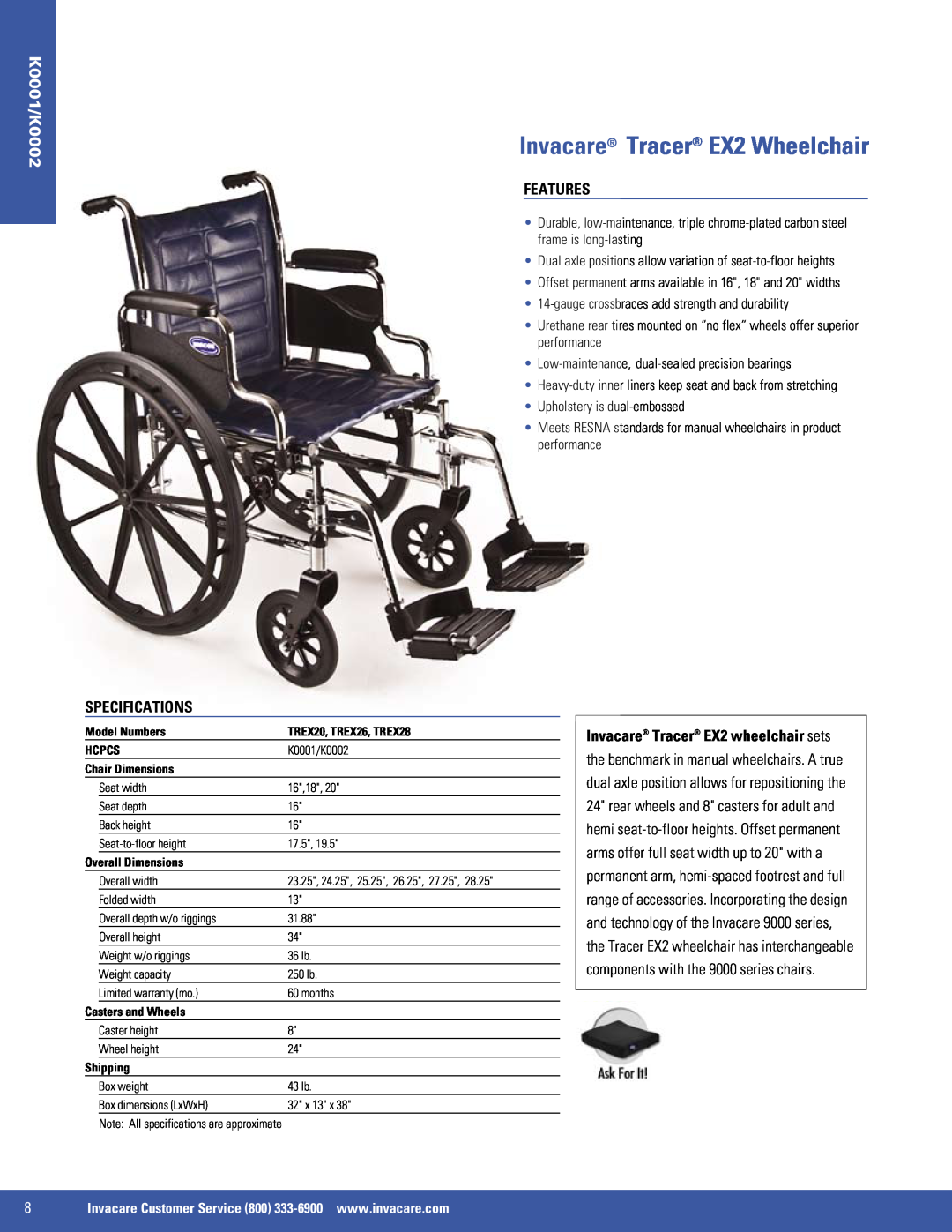 Invacare 9000 XT, 9000 SL, SX5 manual Invacare Tracer EX2 Wheelchair, K0001/K0002, Features, Specifications 