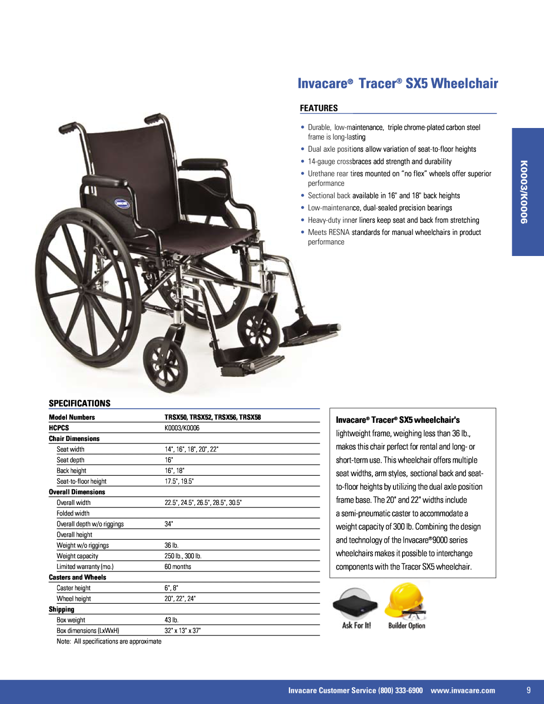 Invacare 9000 SL Invacare Tracer SX5 Wheelchair, Features, Specifications, K0003/K0006, Invacare Tracer SX5 wheelchairs 