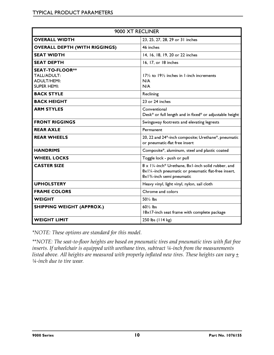 Invacare 9000 XT, 9000XT Recliner, 9000 Series, 9000 XDT, 9000 SL service manual Typical Product Parameters XT Recliner 