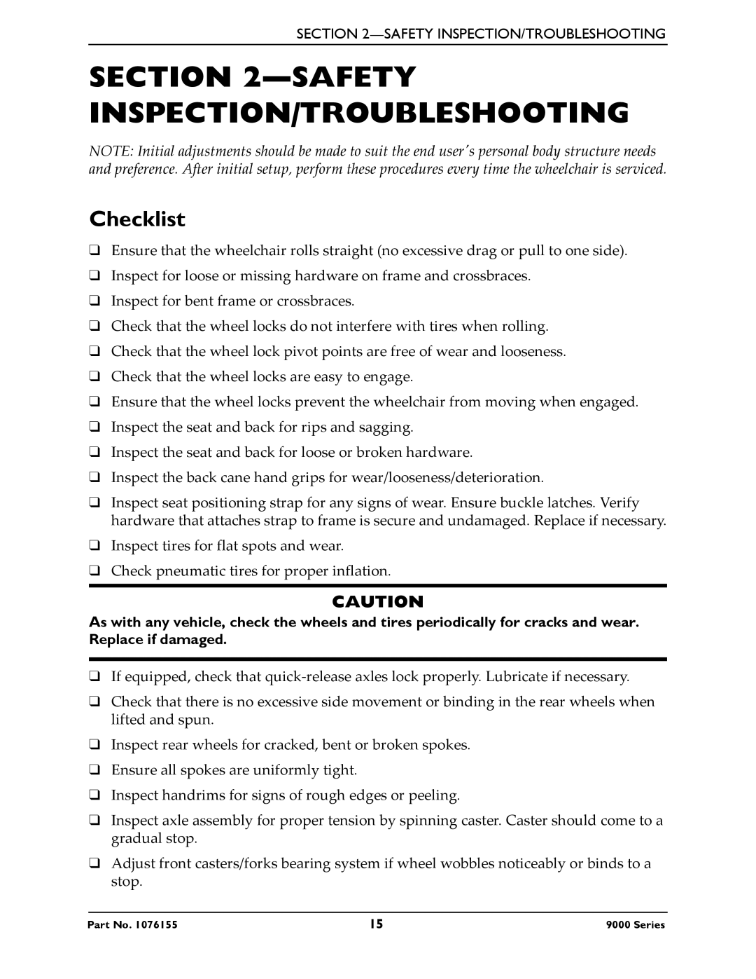 Invacare 9000 XT, 9000XT Recliner, 9000 Series, 9000 XDT, 9000 SL service manual Safety INSPECTION/TROUBLESHOOTING, Checklist 