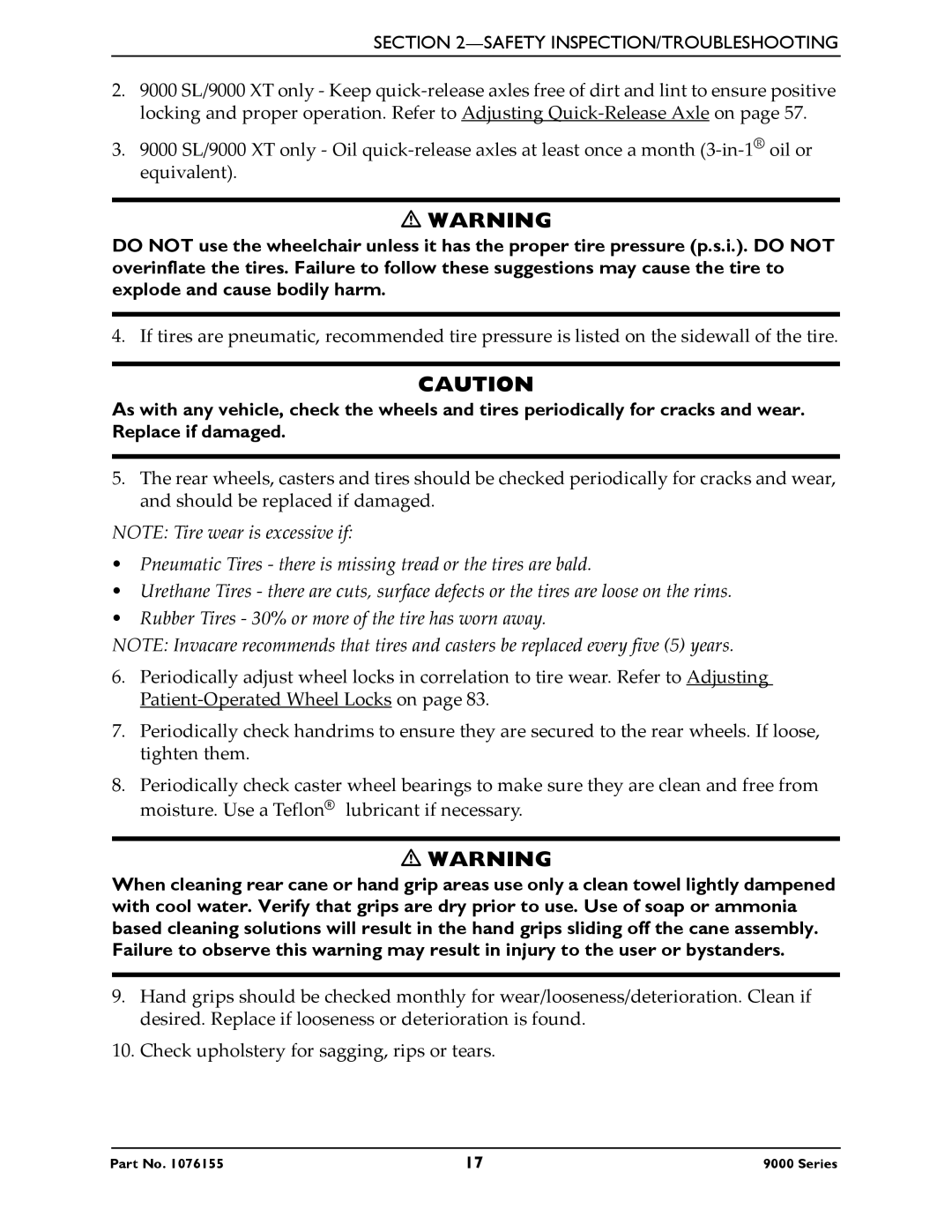 Invacare 9000 Series, 9000 XT, 9000XT Recliner, 9000 XDT, 9000 SL service manual Safety INSPECTION/TROUBLESHOOTING 