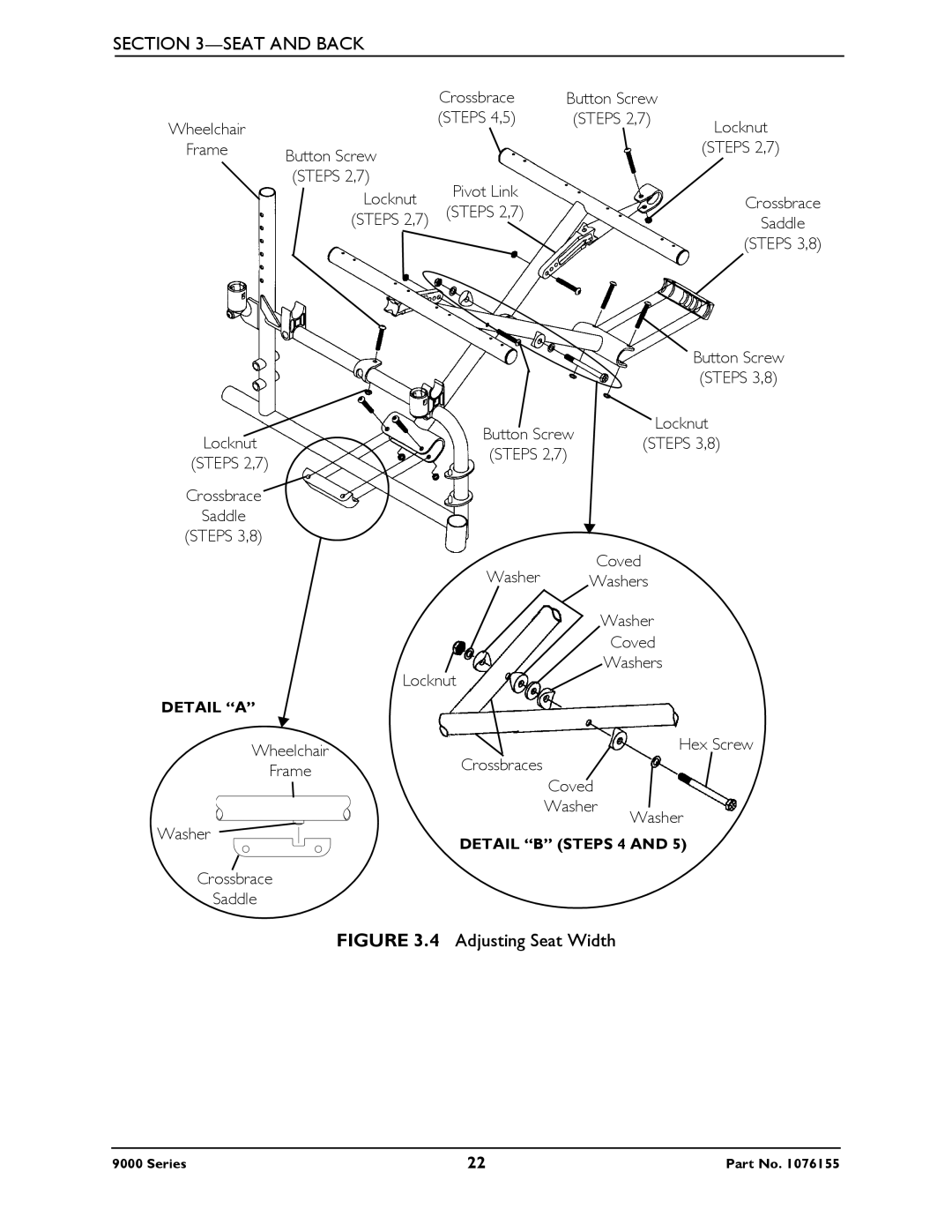 Invacare 9000 Series, 9000 XT, 9000XT Recliner, 9000 XDT, 9000 SL service manual Adjusting Seat Width 