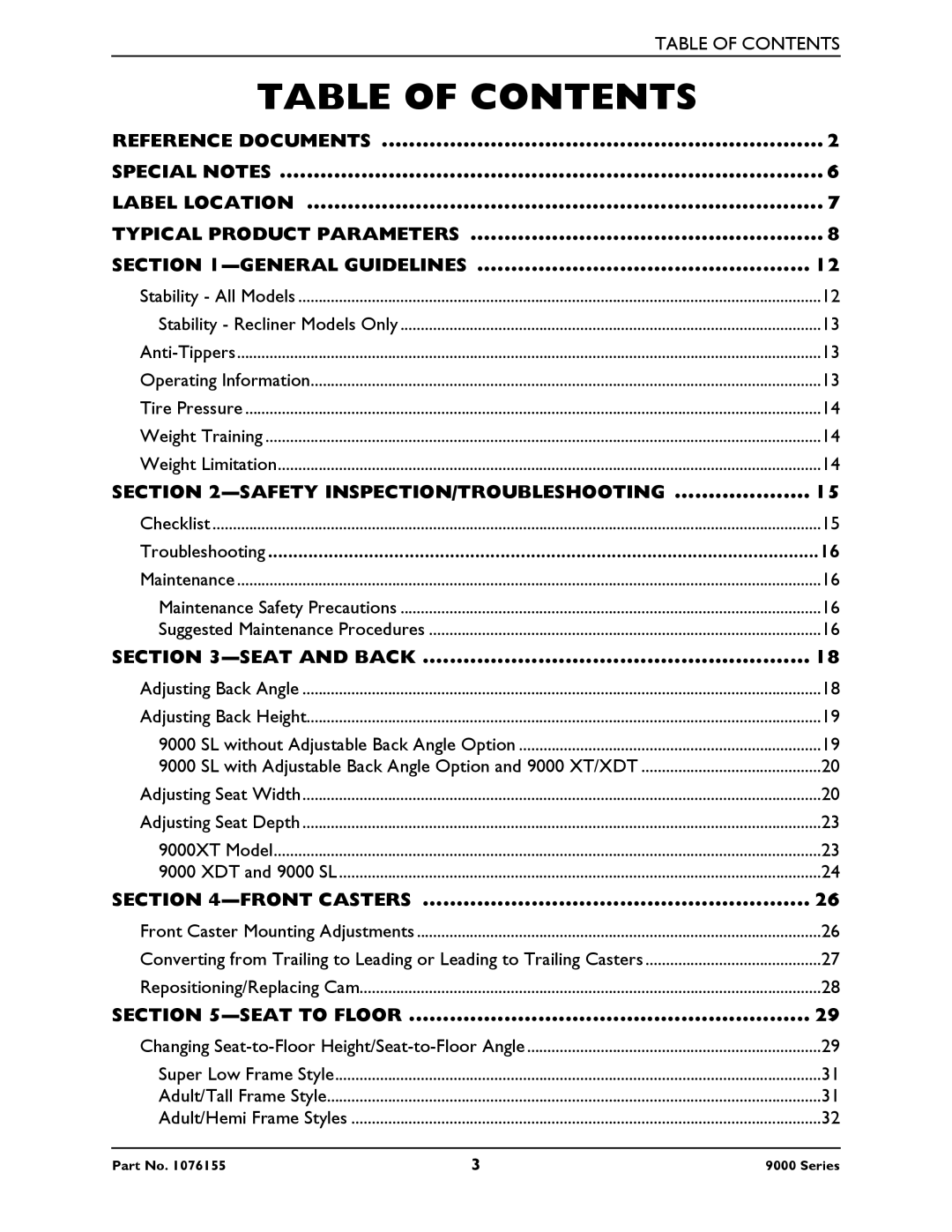 Invacare 9000 XDT, 9000 XT, 9000XT Recliner, 9000 Series, 9000 SL service manual Table of Contents 