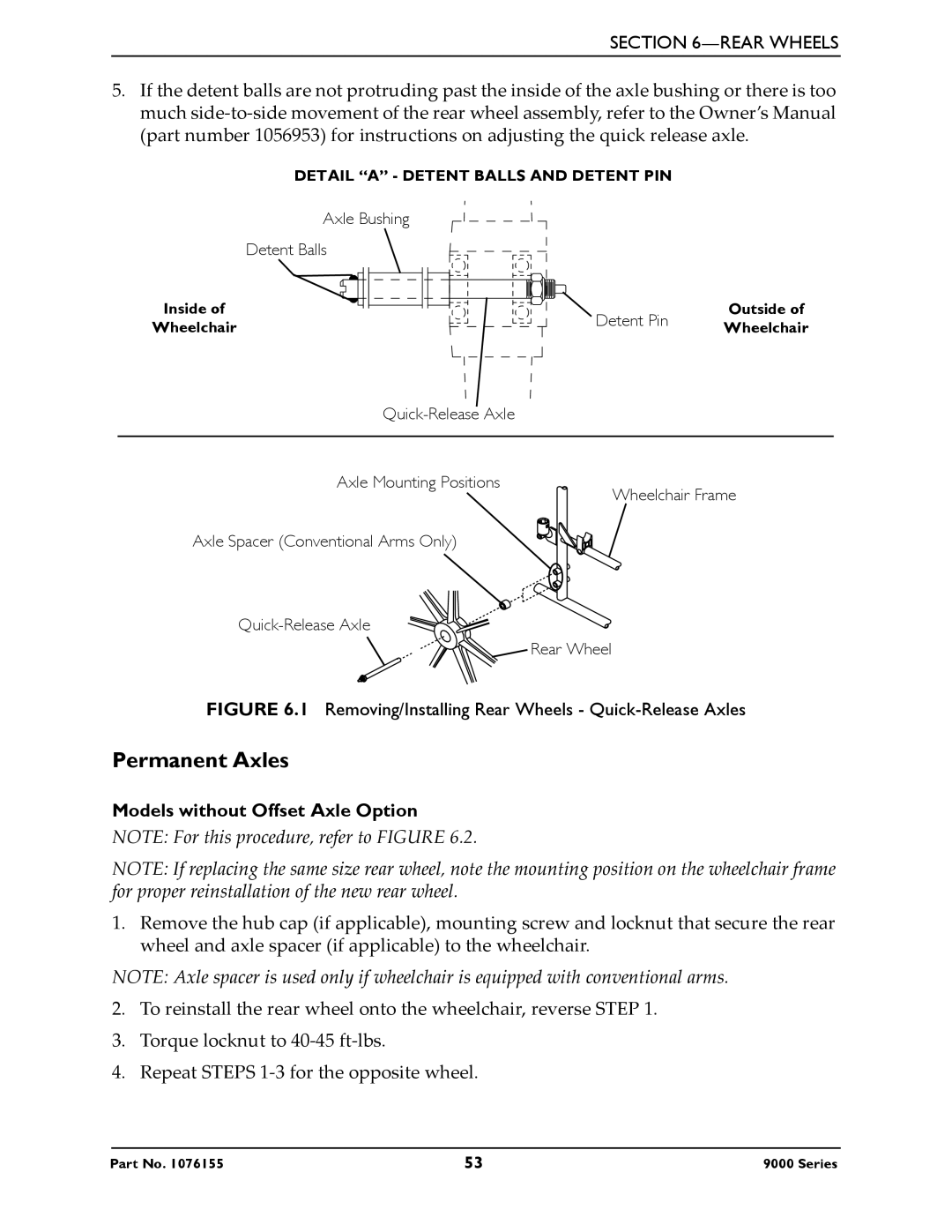 Invacare 9000 XDT, 9000 XT, 9000XT Recliner, 9000 Series, 9000 SL service manual Permanent Axles, Detent Pin 