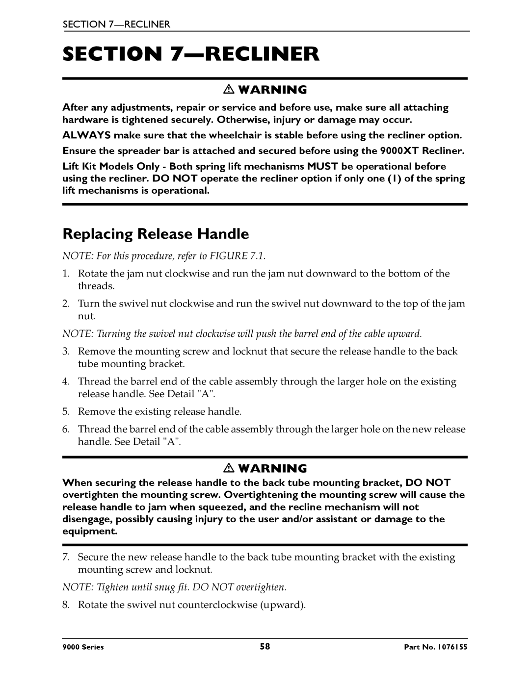 Invacare 9000 XDT, 9000 XT, 9000XT Recliner, 9000 Series, 9000 SL service manual Replacing Release Handle 