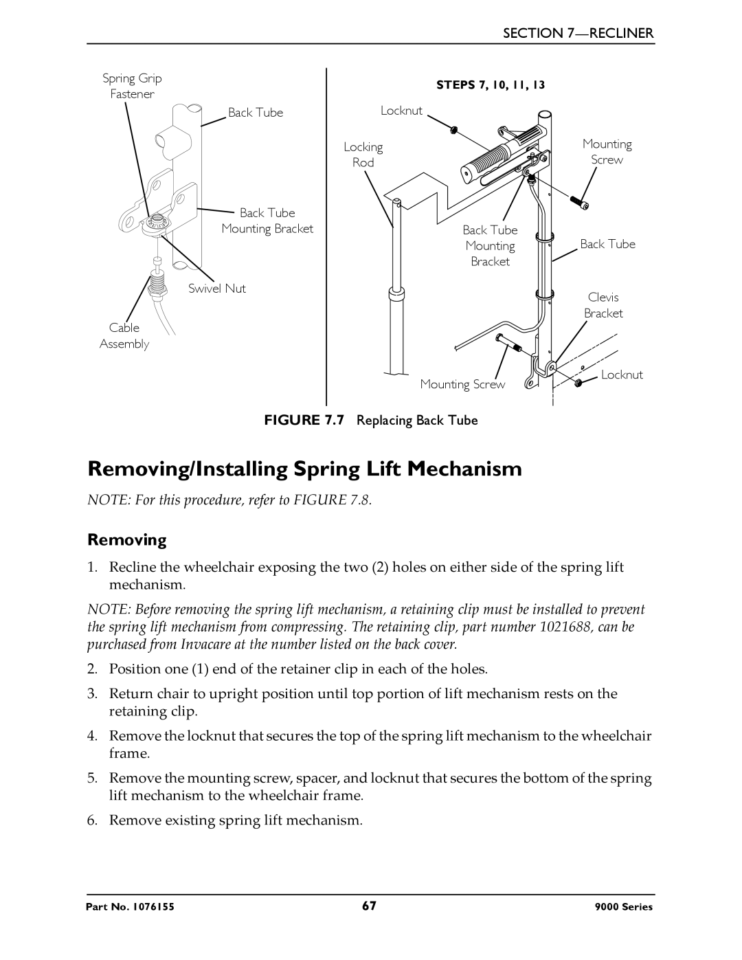 Invacare 9000 Series, 9000 XT, 9000XT Recliner, 9000 XDT, 9000 SL service manual Removing/Installing Spring Lift Mechanism 