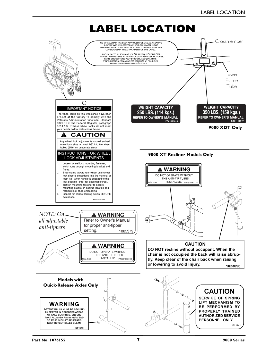 Invacare 9000 Series, 9000 XT, 9000XT Recliner, 9000 XDT, 9000 SL service manual Label Location, Important Notice 