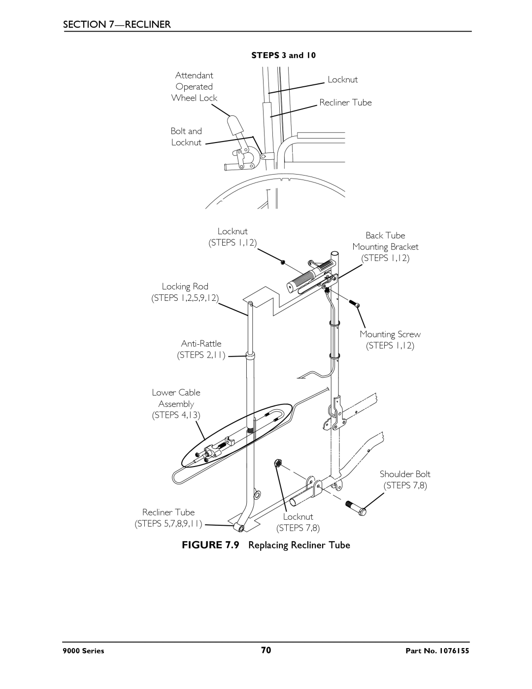 Invacare 9000 XT, 9000XT Recliner, 9000 Series, 9000 XDT, 9000 SL service manual Replacing Recliner Tube 