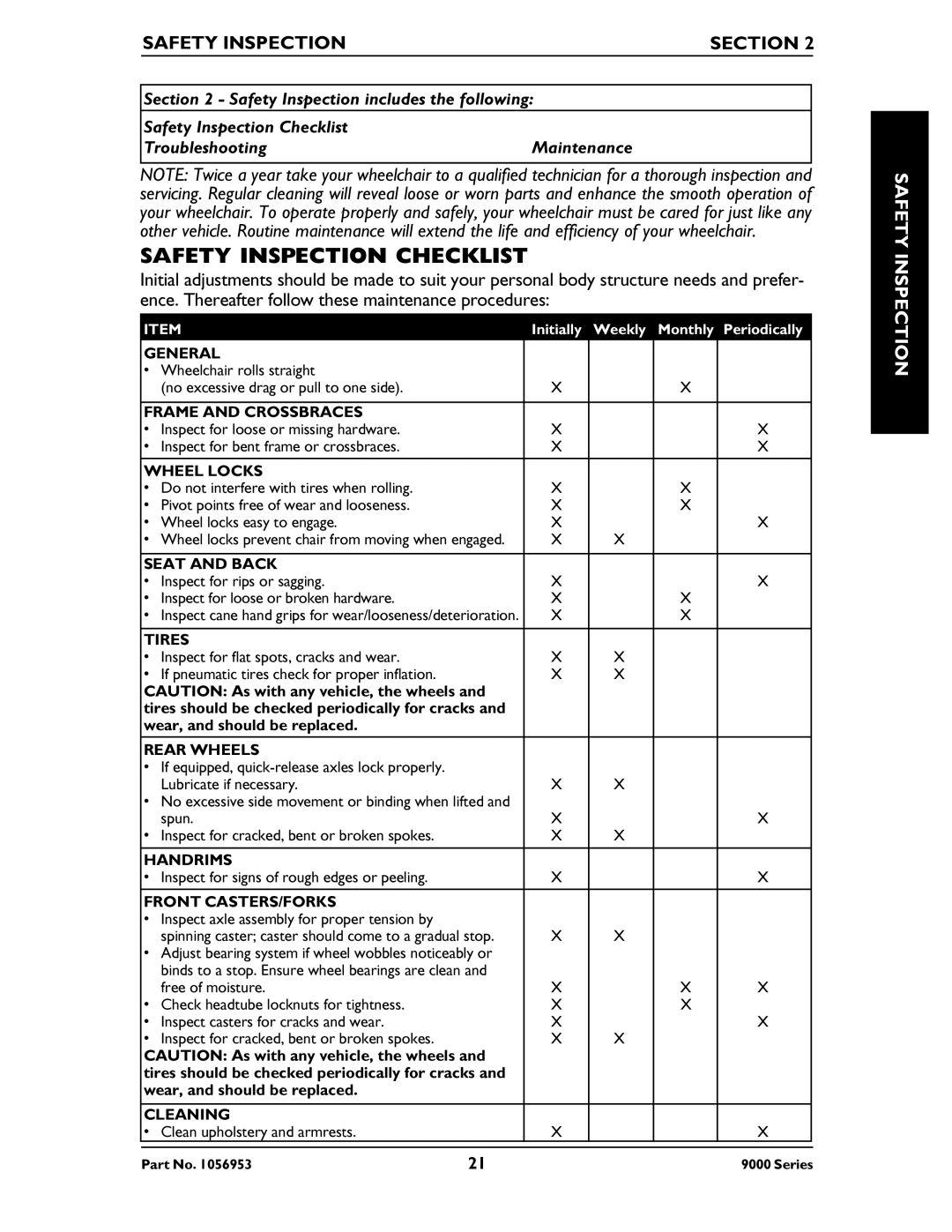 Invacare 9000XT Recliner, 9000 XT, 9000 Series, 9000 XDT, 9000 SL manual Safety Inspection Checklist, Safety Inspection Section 