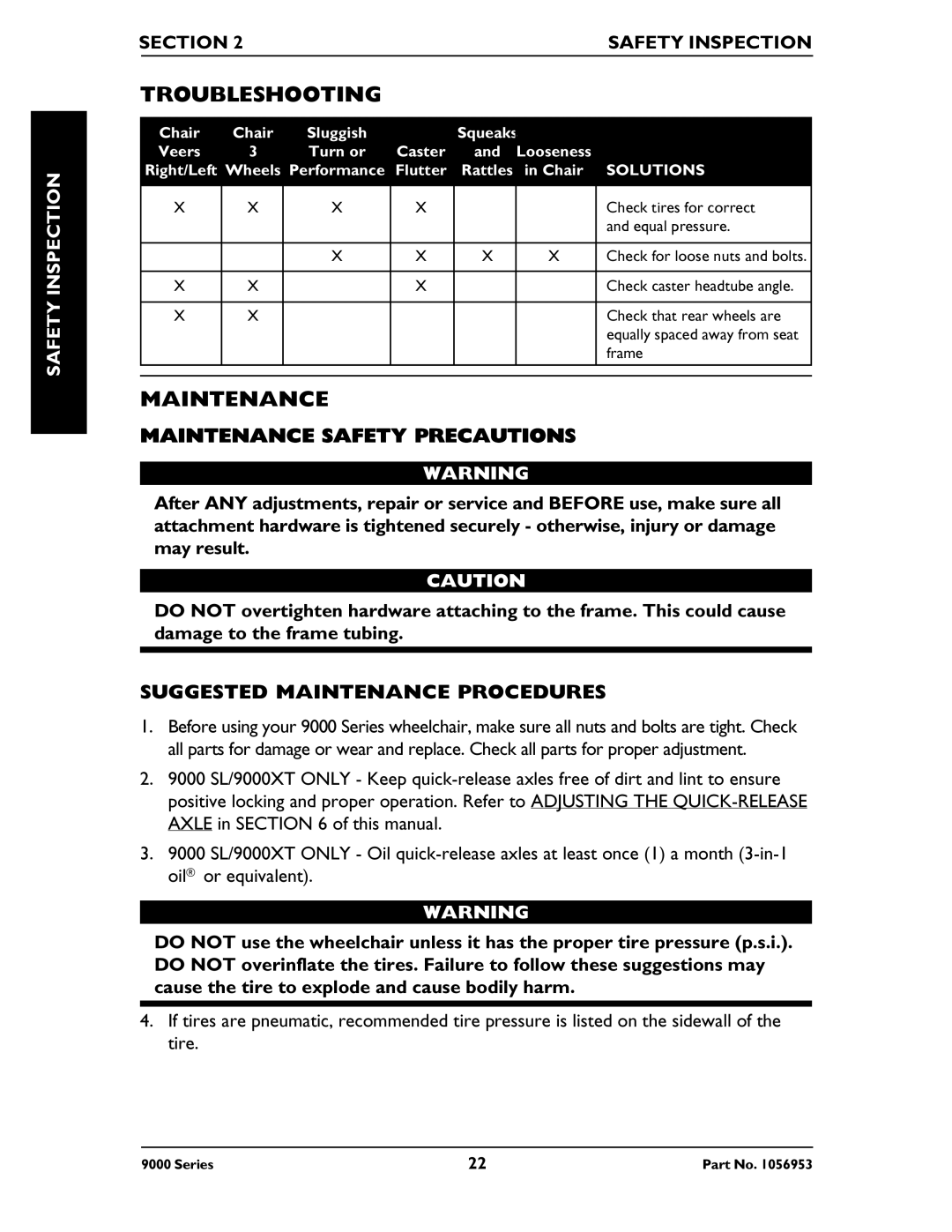 Invacare 9000 Series, 9000 XT manual Troubleshooting, Maintenance Safety Precautions, Suggested Maintenance Procedures 